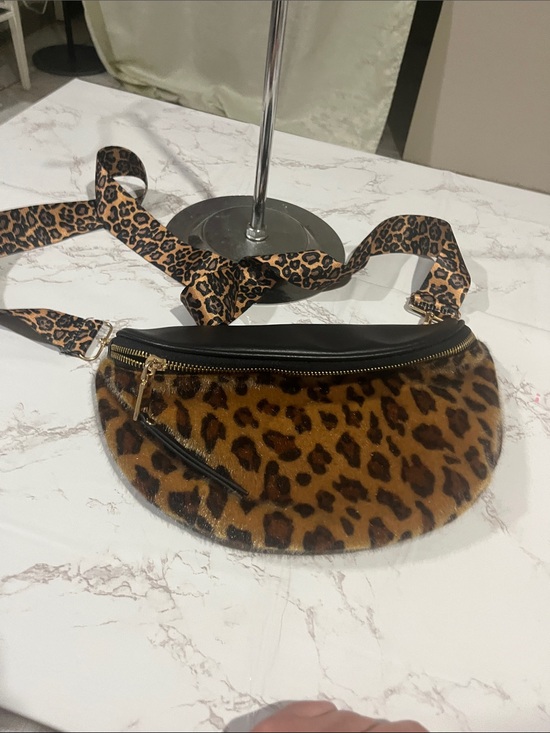 Handbags - Leopard Print Faux Fur Belt Bag with Adjustable Strap